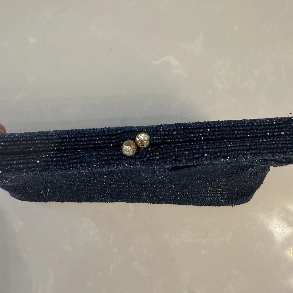 Vintage 60s Walborg Beaded Clutch Evening Bag Rhinestone Clasp Navy